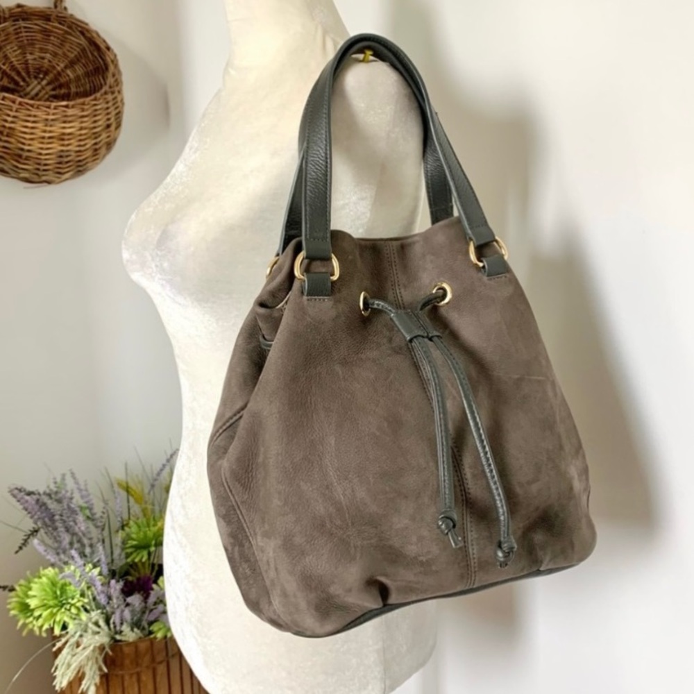 Gigi New York Hadid Nubuck Suede Leather Bucket Bag Luxe Shoulder Bag